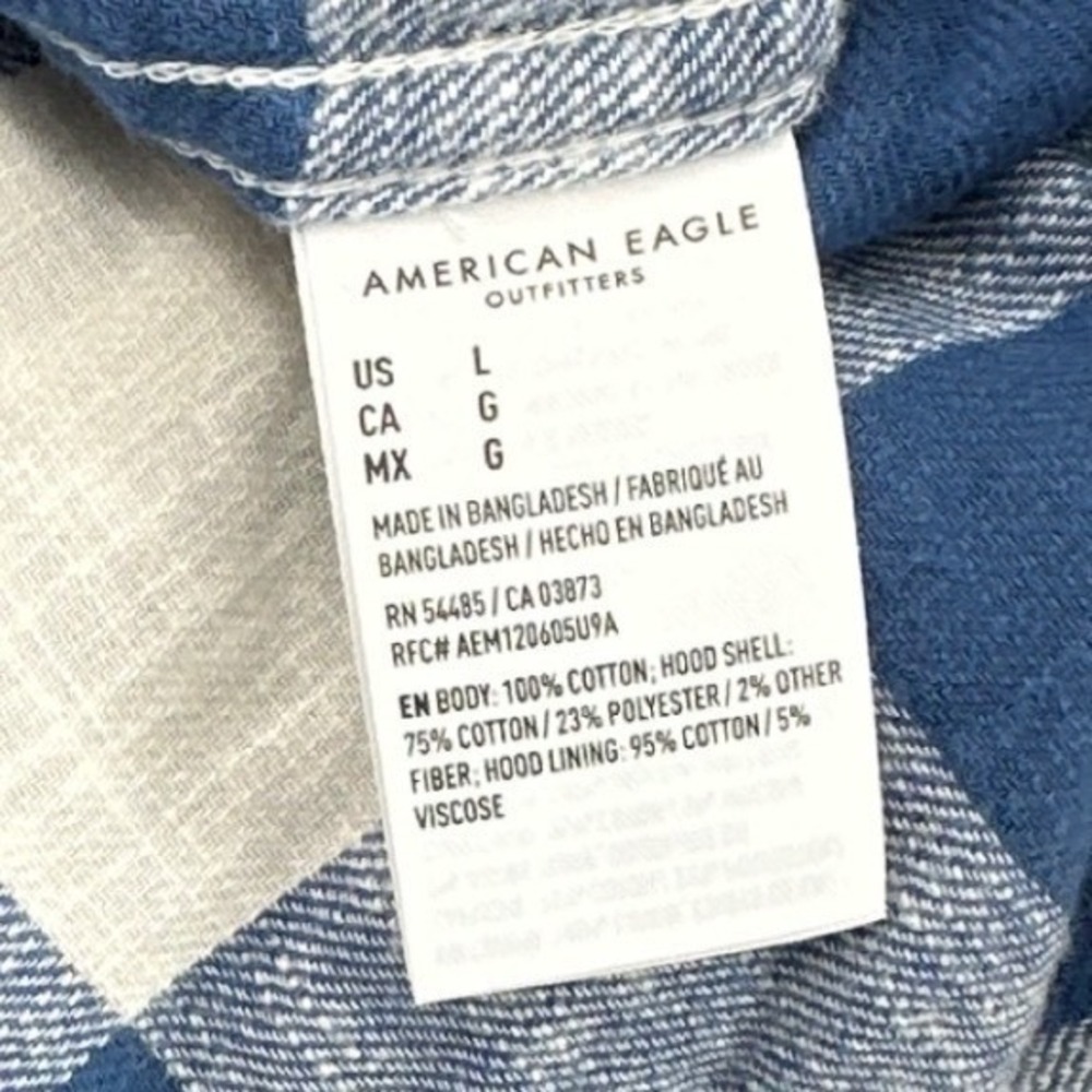 American Eagle Mens Hoodie Shirt Large Blue Plaid Super Soft Flannel Hooded - Picture 11 of 13